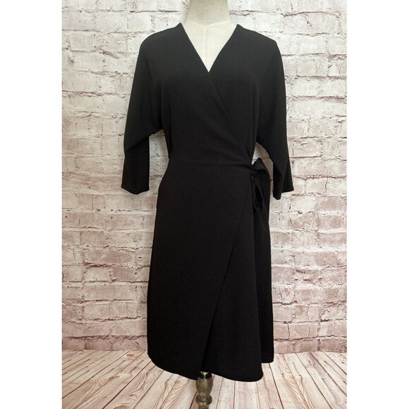 TOPSHOP Wrap Dress US 4 Black LBD Knee Length Pockets Crepe Stretch NEW - Picture 6 of 6